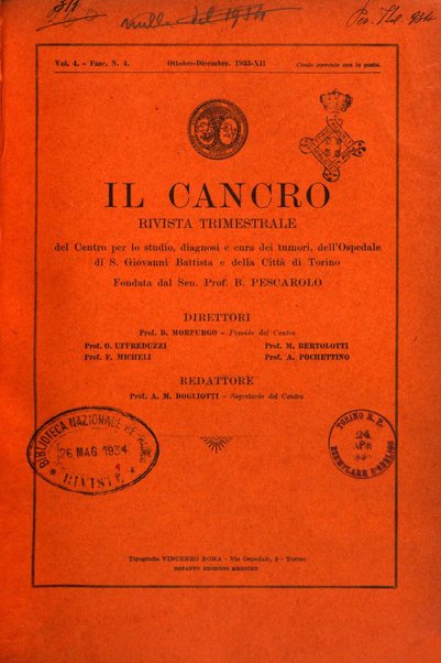 Il Cancro rivista trimestrale del centro per lo studio, diagnosi e cura dei tumori