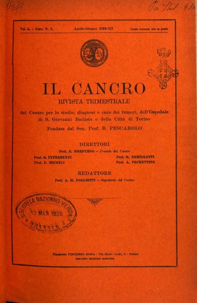 Il Cancro rivista trimestrale del centro per lo studio, diagnosi e cura dei tumori