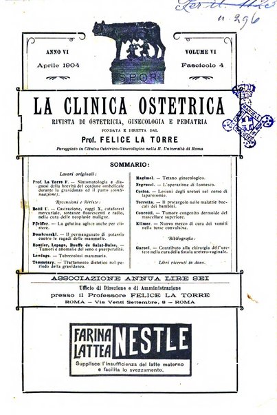 La clinica ostetrica rivista di ostetricia, ginecologia e pediatria. - A. 1, n. 1 (1899)-a. 40, n. 12 (dic. 1938)