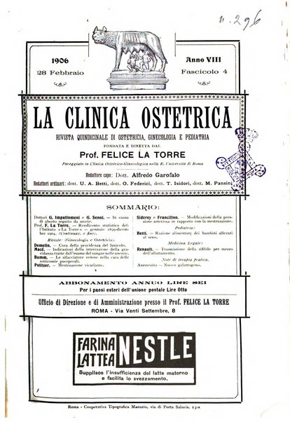 La clinica ostetrica rivista di ostetricia, ginecologia e pediatria. - A. 1, n. 1 (1899)-a. 40, n. 12 (dic. 1938)