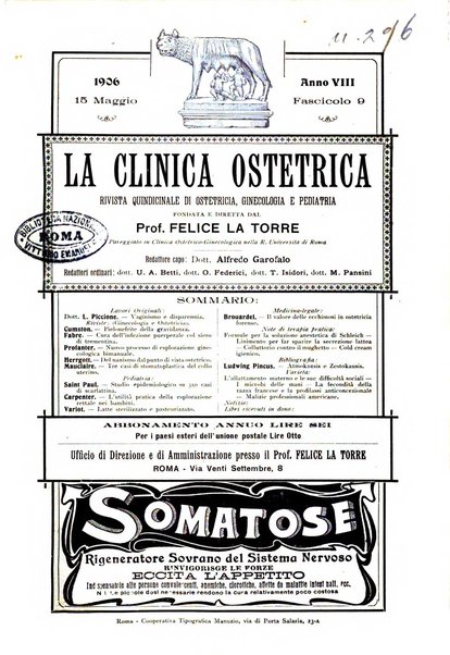 La clinica ostetrica rivista di ostetricia, ginecologia e pediatria. - A. 1, n. 1 (1899)-a. 40, n. 12 (dic. 1938)