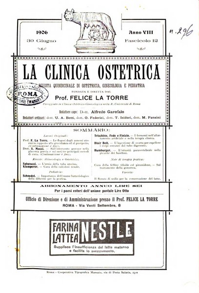 La clinica ostetrica rivista di ostetricia, ginecologia e pediatria. - A. 1, n. 1 (1899)-a. 40, n. 12 (dic. 1938)