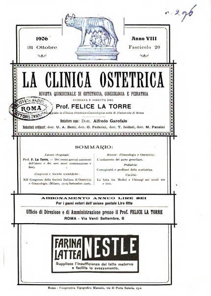 La clinica ostetrica rivista di ostetricia, ginecologia e pediatria. - A. 1, n. 1 (1899)-a. 40, n. 12 (dic. 1938)