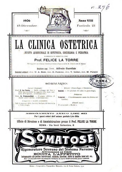 La clinica ostetrica rivista di ostetricia, ginecologia e pediatria. - A. 1, n. 1 (1899)-a. 40, n. 12 (dic. 1938)