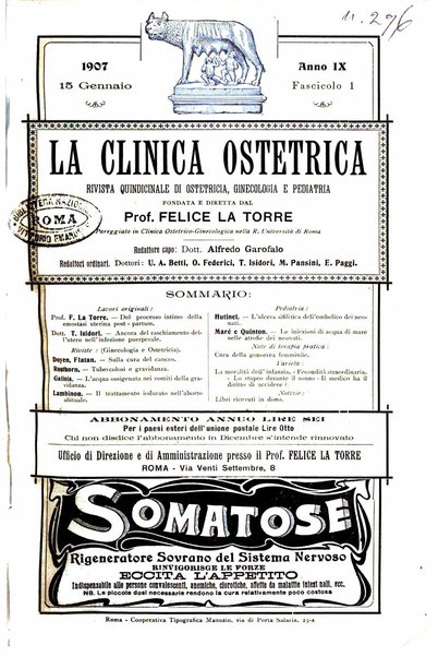 La clinica ostetrica rivista di ostetricia, ginecologia e pediatria. - A. 1, n. 1 (1899)-a. 40, n. 12 (dic. 1938)