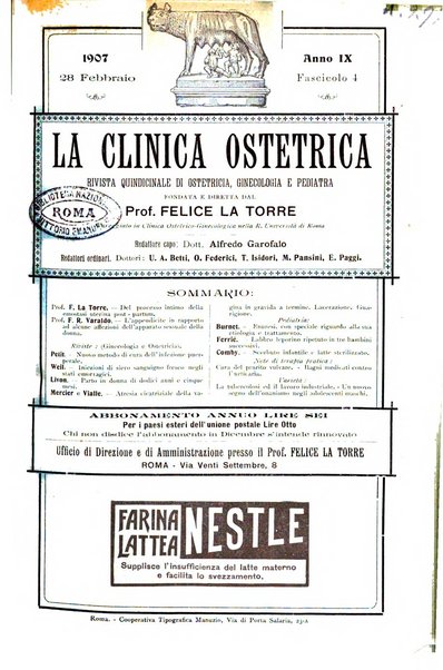 La clinica ostetrica rivista di ostetricia, ginecologia e pediatria. - A. 1, n. 1 (1899)-a. 40, n. 12 (dic. 1938)