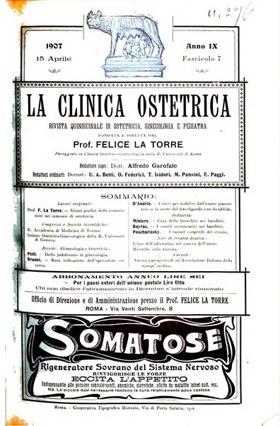 La clinica ostetrica rivista di ostetricia, ginecologia e pediatria. - A. 1, n. 1 (1899)-a. 40, n. 12 (dic. 1938)