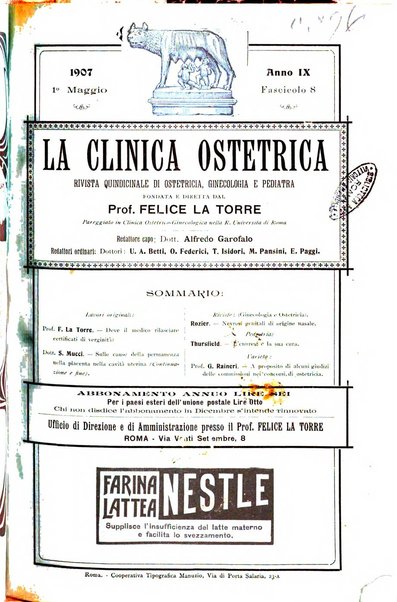 La clinica ostetrica rivista di ostetricia, ginecologia e pediatria. - A. 1, n. 1 (1899)-a. 40, n. 12 (dic. 1938)