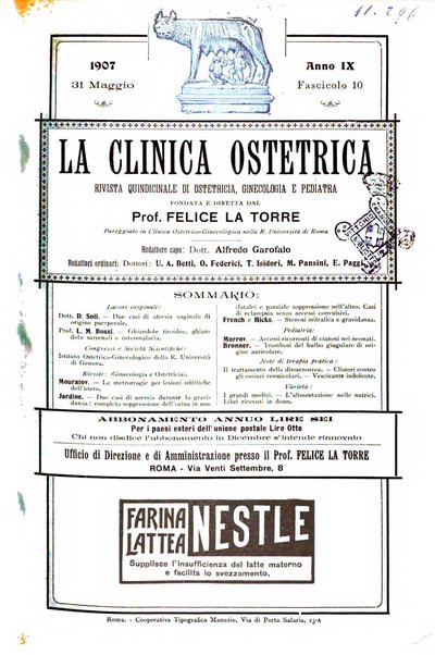 La clinica ostetrica rivista di ostetricia, ginecologia e pediatria. - A. 1, n. 1 (1899)-a. 40, n. 12 (dic. 1938)