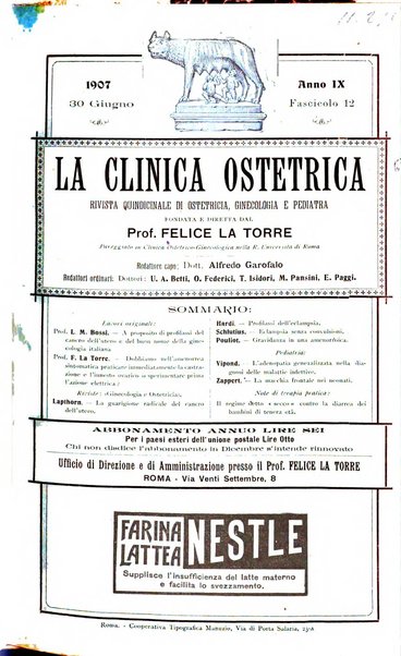 La clinica ostetrica rivista di ostetricia, ginecologia e pediatria. - A. 1, n. 1 (1899)-a. 40, n. 12 (dic. 1938)