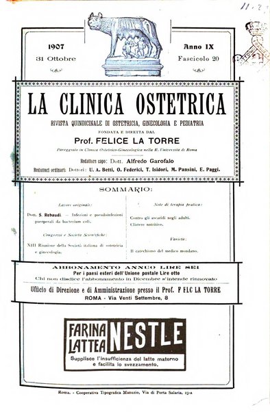 La clinica ostetrica rivista di ostetricia, ginecologia e pediatria. - A. 1, n. 1 (1899)-a. 40, n. 12 (dic. 1938)