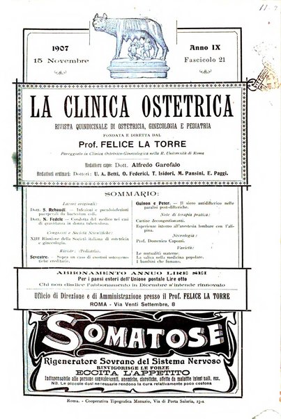 La clinica ostetrica rivista di ostetricia, ginecologia e pediatria. - A. 1, n. 1 (1899)-a. 40, n. 12 (dic. 1938)