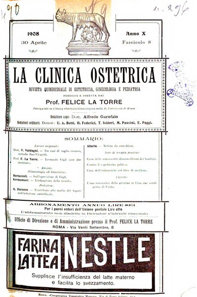 La clinica ostetrica rivista di ostetricia, ginecologia e pediatria. - A. 1, n. 1 (1899)-a. 40, n. 12 (dic. 1938)