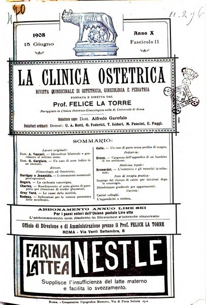 La clinica ostetrica rivista di ostetricia, ginecologia e pediatria. - A. 1, n. 1 (1899)-a. 40, n. 12 (dic. 1938)