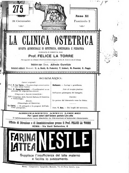 La clinica ostetrica rivista di ostetricia, ginecologia e pediatria. - A. 1, n. 1 (1899)-a. 40, n. 12 (dic. 1938)