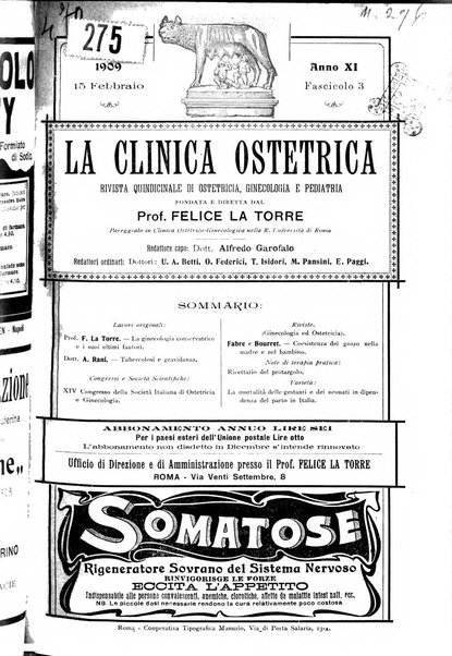 La clinica ostetrica rivista di ostetricia, ginecologia e pediatria. - A. 1, n. 1 (1899)-a. 40, n. 12 (dic. 1938)