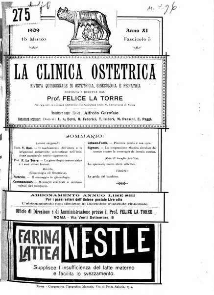 La clinica ostetrica rivista di ostetricia, ginecologia e pediatria. - A. 1, n. 1 (1899)-a. 40, n. 12 (dic. 1938)