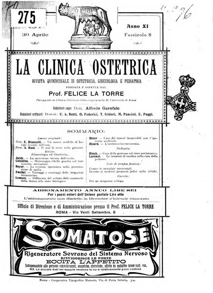 La clinica ostetrica rivista di ostetricia, ginecologia e pediatria. - A. 1, n. 1 (1899)-a. 40, n. 12 (dic. 1938)