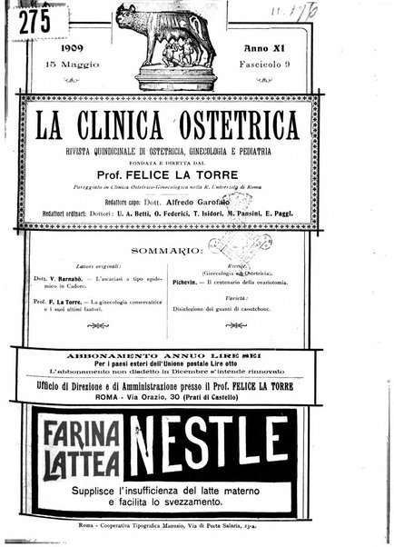 La clinica ostetrica rivista di ostetricia, ginecologia e pediatria. - A. 1, n. 1 (1899)-a. 40, n. 12 (dic. 1938)