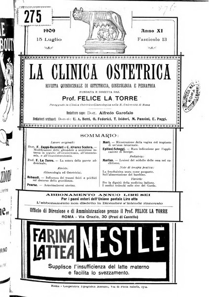 La clinica ostetrica rivista di ostetricia, ginecologia e pediatria. - A. 1, n. 1 (1899)-a. 40, n. 12 (dic. 1938)