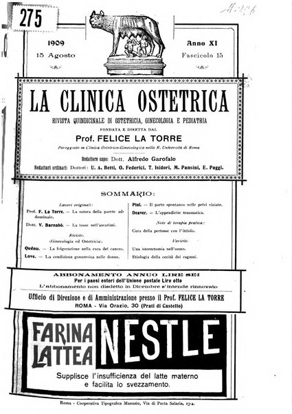 La clinica ostetrica rivista di ostetricia, ginecologia e pediatria. - A. 1, n. 1 (1899)-a. 40, n. 12 (dic. 1938)