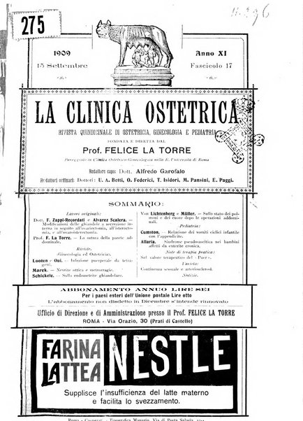 La clinica ostetrica rivista di ostetricia, ginecologia e pediatria. - A. 1, n. 1 (1899)-a. 40, n. 12 (dic. 1938)