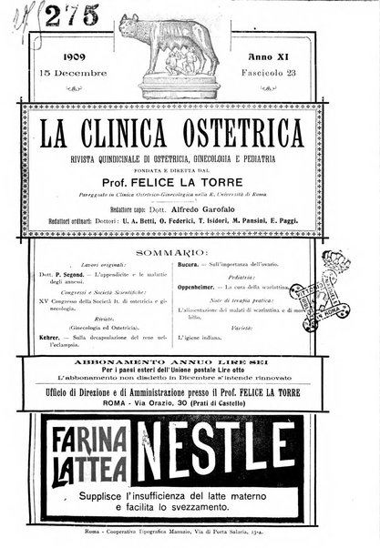 La clinica ostetrica rivista di ostetricia, ginecologia e pediatria. - A. 1, n. 1 (1899)-a. 40, n. 12 (dic. 1938)