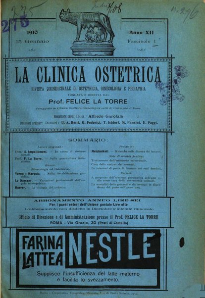 La clinica ostetrica rivista di ostetricia, ginecologia e pediatria. - A. 1, n. 1 (1899)-a. 40, n. 12 (dic. 1938)