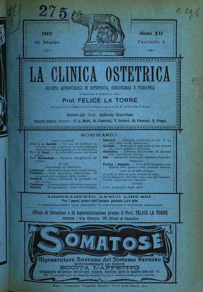 La clinica ostetrica rivista di ostetricia, ginecologia e pediatria. - A. 1, n. 1 (1899)-a. 40, n. 12 (dic. 1938)