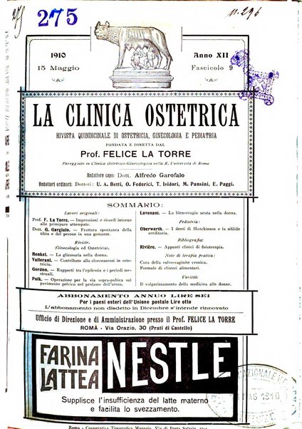 La clinica ostetrica rivista di ostetricia, ginecologia e pediatria. - A. 1, n. 1 (1899)-a. 40, n. 12 (dic. 1938)