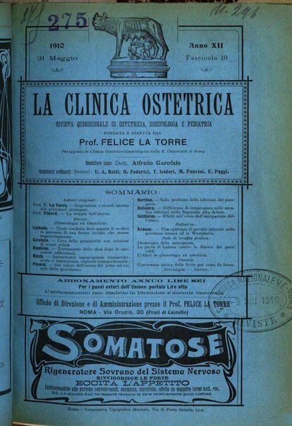 La clinica ostetrica rivista di ostetricia, ginecologia e pediatria. - A. 1, n. 1 (1899)-a. 40, n. 12 (dic. 1938)