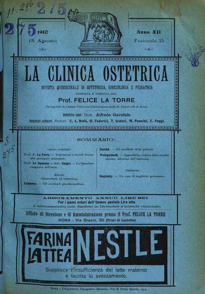 La clinica ostetrica rivista di ostetricia, ginecologia e pediatria. - A. 1, n. 1 (1899)-a. 40, n. 12 (dic. 1938)