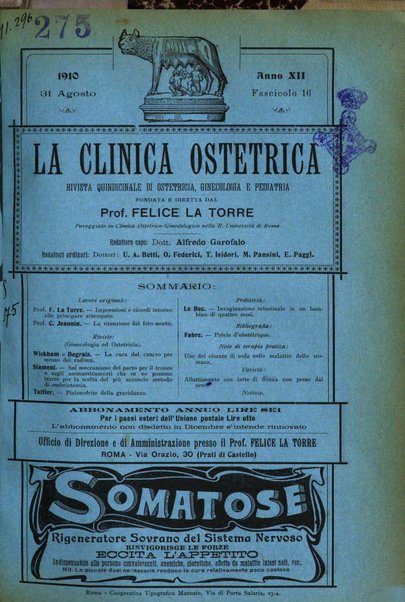 La clinica ostetrica rivista di ostetricia, ginecologia e pediatria. - A. 1, n. 1 (1899)-a. 40, n. 12 (dic. 1938)