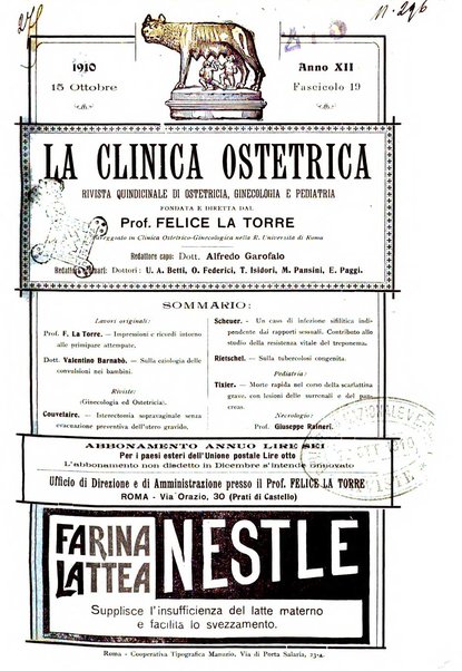 La clinica ostetrica rivista di ostetricia, ginecologia e pediatria. - A. 1, n. 1 (1899)-a. 40, n. 12 (dic. 1938)