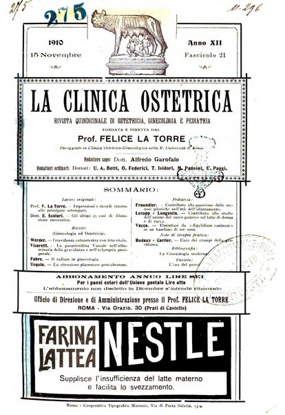 La clinica ostetrica rivista di ostetricia, ginecologia e pediatria. - A. 1, n. 1 (1899)-a. 40, n. 12 (dic. 1938)