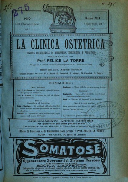 La clinica ostetrica rivista di ostetricia, ginecologia e pediatria. - A. 1, n. 1 (1899)-a. 40, n. 12 (dic. 1938)