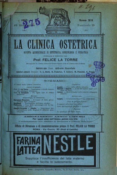 La clinica ostetrica rivista di ostetricia, ginecologia e pediatria. - A. 1, n. 1 (1899)-a. 40, n. 12 (dic. 1938)