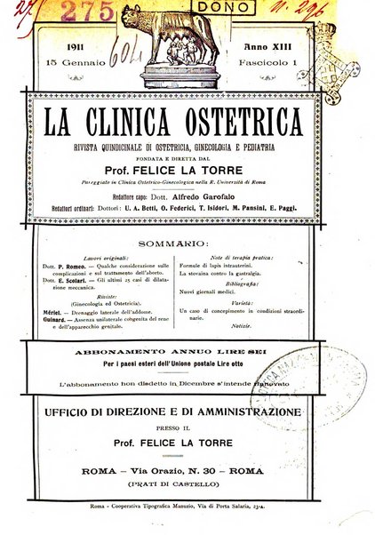 La clinica ostetrica rivista di ostetricia, ginecologia e pediatria. - A. 1, n. 1 (1899)-a. 40, n. 12 (dic. 1938)