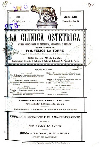 La clinica ostetrica rivista di ostetricia, ginecologia e pediatria. - A. 1, n. 1 (1899)-a. 40, n. 12 (dic. 1938)