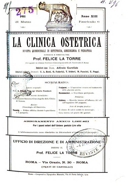 La clinica ostetrica rivista di ostetricia, ginecologia e pediatria. - A. 1, n. 1 (1899)-a. 40, n. 12 (dic. 1938)