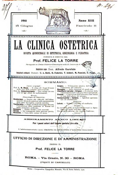 La clinica ostetrica rivista di ostetricia, ginecologia e pediatria. - A. 1, n. 1 (1899)-a. 40, n. 12 (dic. 1938)