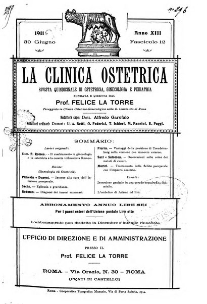 La clinica ostetrica rivista di ostetricia, ginecologia e pediatria. - A. 1, n. 1 (1899)-a. 40, n. 12 (dic. 1938)