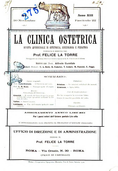 La clinica ostetrica rivista di ostetricia, ginecologia e pediatria. - A. 1, n. 1 (1899)-a. 40, n. 12 (dic. 1938)