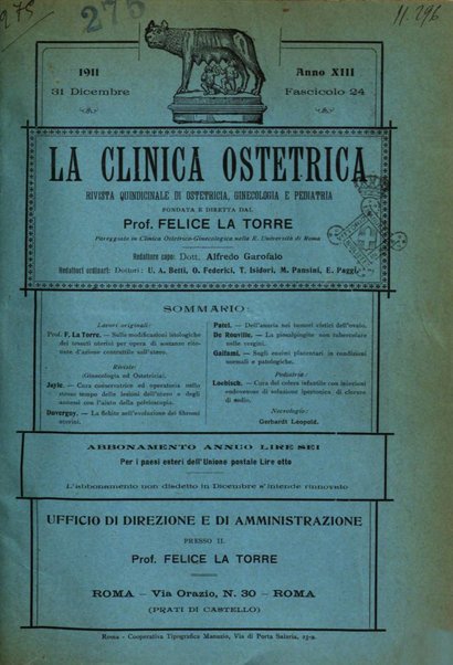 La clinica ostetrica rivista di ostetricia, ginecologia e pediatria. - A. 1, n. 1 (1899)-a. 40, n. 12 (dic. 1938)