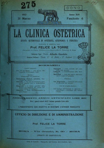 La clinica ostetrica rivista di ostetricia, ginecologia e pediatria. - A. 1, n. 1 (1899)-a. 40, n. 12 (dic. 1938)