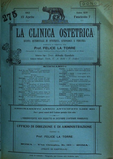 La clinica ostetrica rivista di ostetricia, ginecologia e pediatria. - A. 1, n. 1 (1899)-a. 40, n. 12 (dic. 1938)