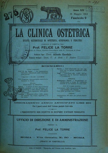 La clinica ostetrica rivista di ostetricia, ginecologia e pediatria. - A. 1, n. 1 (1899)-a. 40, n. 12 (dic. 1938)