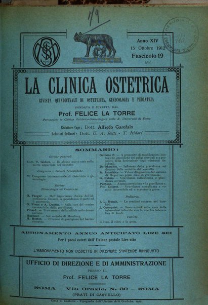 La clinica ostetrica rivista di ostetricia, ginecologia e pediatria. - A. 1, n. 1 (1899)-a. 40, n. 12 (dic. 1938)