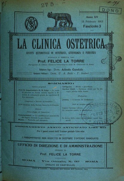 La clinica ostetrica rivista di ostetricia, ginecologia e pediatria. - A. 1, n. 1 (1899)-a. 40, n. 12 (dic. 1938)