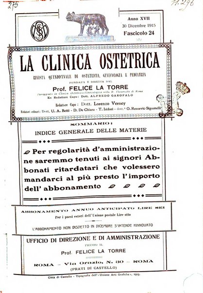 La clinica ostetrica rivista di ostetricia, ginecologia e pediatria. - A. 1, n. 1 (1899)-a. 40, n. 12 (dic. 1938)